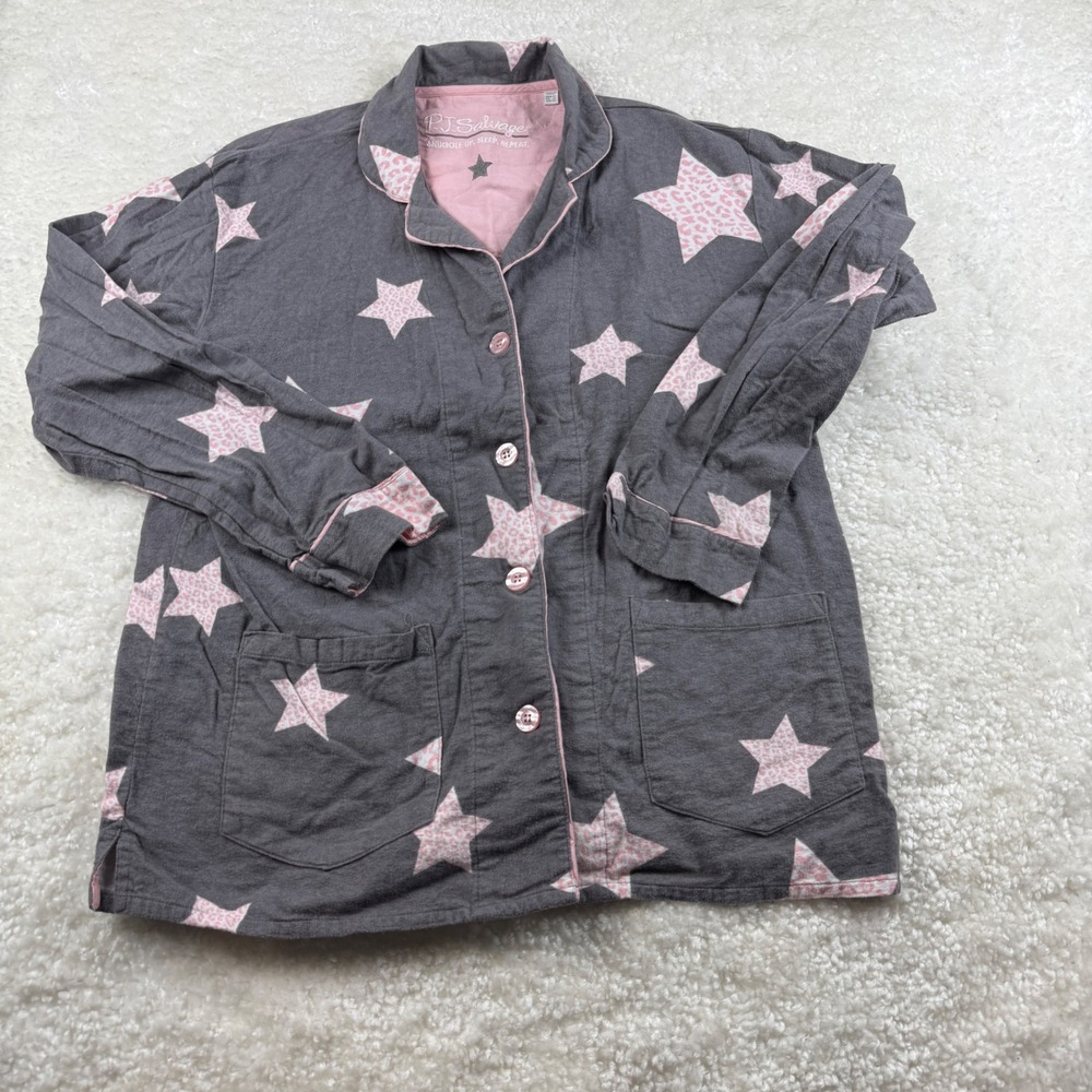 PJ Salvage Pajama Top Womens Medium Gray Pink Star Leopard Print Flannel Cotton